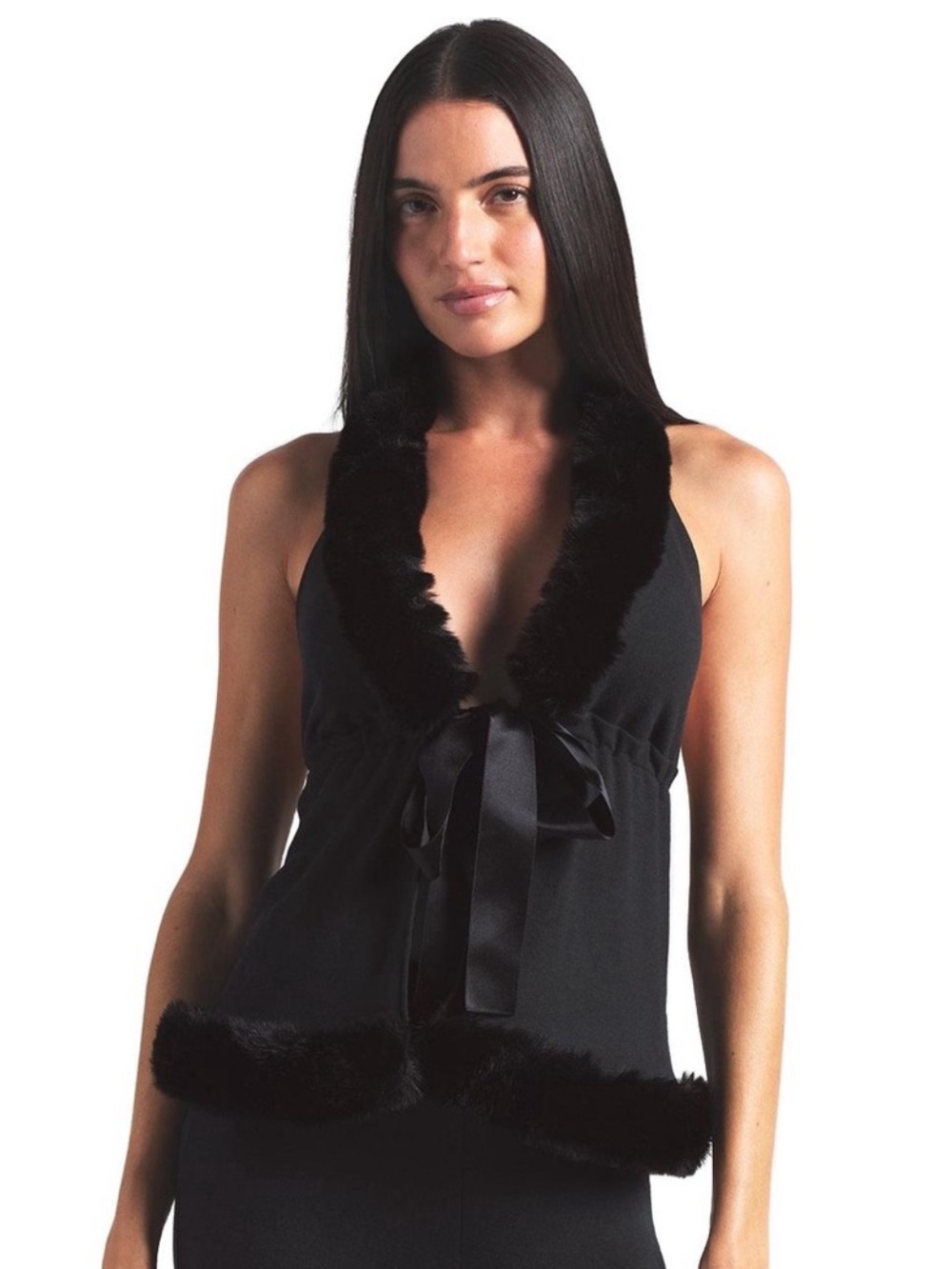 Skims Cloud Fur Trim Halter in Onyx
